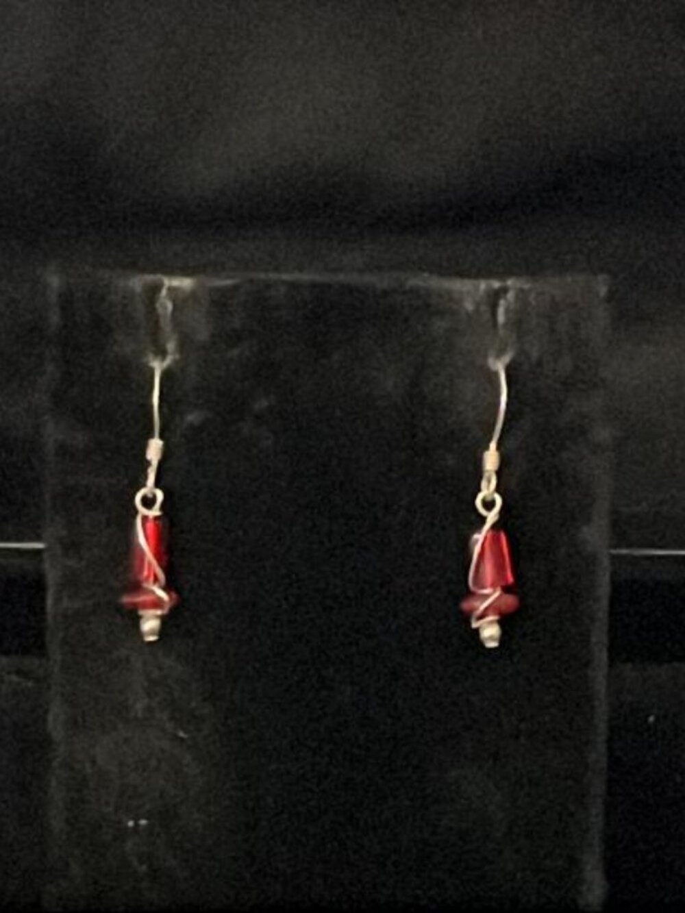Red Long Flat Circle Beads with Silver Tone Wire Earrings